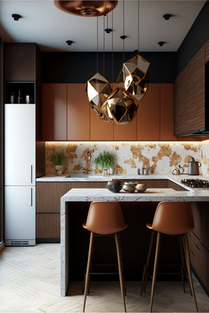 Modern kitchen with peninsula, appliances and lamp, created using generative ai technology. Eclectic style house interior decor concept digitally generated image.の素材