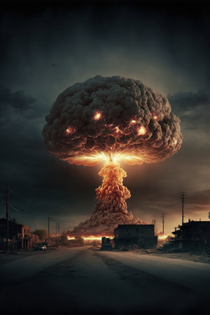 Image of cityscape with nuclear explosion created using generative ai technology. Nuclear weapon, explosion and radiation concept, digitally generated image.の素材