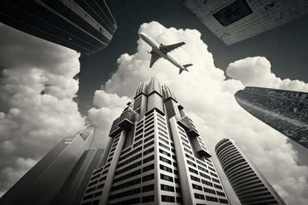 Cityscape of modern skyscrapers over airplane on sky and clouds, using generative ai technology. Cityscape, airplanes and modern concept digitally generated image.の素材