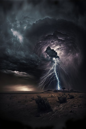 Landscape with storm, sky, clouds and lightning created using generative ai technology. Weather, landscape and nature concept, digitally generated image.の素材
