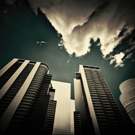 Cityscape of modern skyscrapers over airplane on sky and clouds, using generative ai technology. Cityscape, airplanes and modern concept digitally generated image.の素材