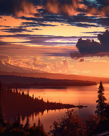 Landscape of blue sky and clouds over lake and mountains, using generative ai technology. Landscape, sky and view concept digitally generated image.の素材