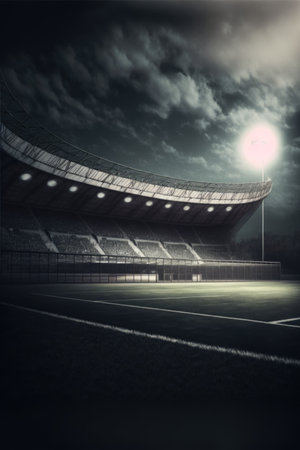 Football stadium with seats and lights over sky with clouds created using generative ai technology. Sport and competition concept.の素材