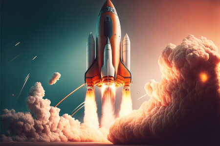 Spaceship taking off over sky against cloud background, created using generative ai technology. Space travel and alien concept digitally generated image.の素材