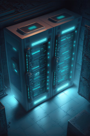Computer servers with green lights in server farm, created using generative ai technology. Computing and data processing concept digitally generated image.の素材