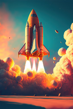 Spaceship taking off over blue sky and cloud background, created using generative ai technology. Space travel and alien concept digitally generated image.の素材