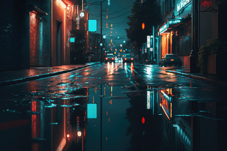 Close up of a puddle in a city at night, created using ai technology. urban environment, digitally generated image.の素材