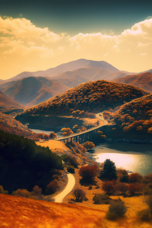 Vertical image of landscape, clouds over hills and bridge, created using ai technology. nature, digitally generated image.の素材