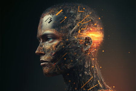 Futuristic cyborg man with blue eyes and light spots created using generative ai technology. Futuristic cyber technology concept.の素材