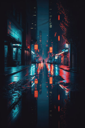 City street with cars, buildings and neon lights created using generative ai technology. Cityscape, color and light concept digitally generated image.の素材