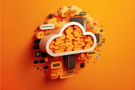 Digital orange cloud with computer circuit board, created using generative ai technology. Cloud computing and data processing concept digitally generated image.の素材