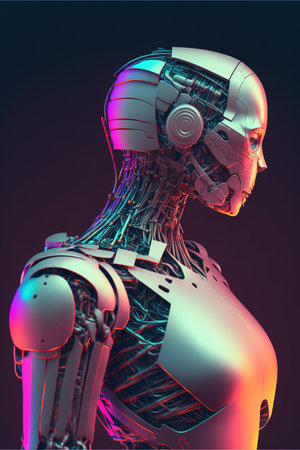 Futuristic cyborg woman with wires and purple light on body created using generative ai technology. Futuristic cyber technology concept.の素材