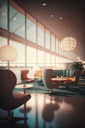 Airport with sofas, armchairs, lamps and plane outside window created using generative ai technology. Airport, transport and travel concept digitally generated image.の素材