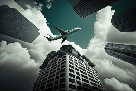 Cityscape of modern skyscrapers over airplane on sky and clouds, using generative ai technology. Cityscape, airplanes and modern concept digitally generated image.の素材