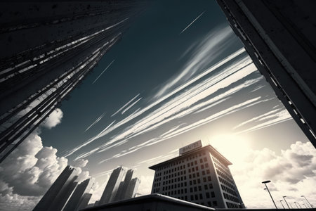 Cityscape of modern skyscrapers over sky and clouds, using generative ai technology. Cityscape, airplanes and modern concept digitally generated image.の素材