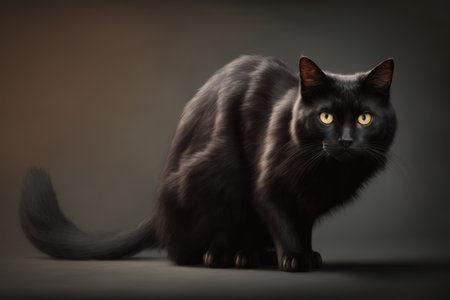 Black cat with yellow eyes on black background created using generative ai technology. Animals, pets and nature concept digitally generated image.の素材