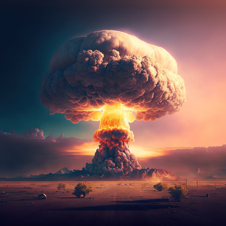 Image of landscape with nuclear explosion created using generative ai technology. Nuclear weapon, explosion and radiation concept, digitally generated image.の素材