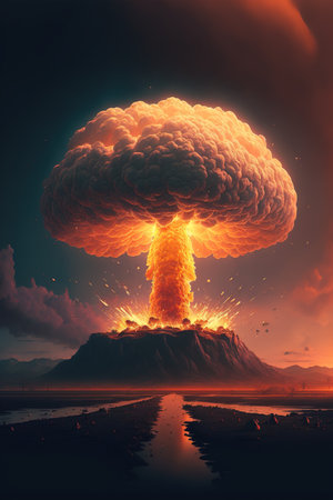 Image of landscape with nuclear explosion created using generative ai technology. Nuclear weapon, explosion and radiation concept, digitally generated image.の素材