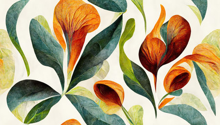 Image of beige background with green and orange floral pattern. Abstract background, design, colour and pattern concept.の素材