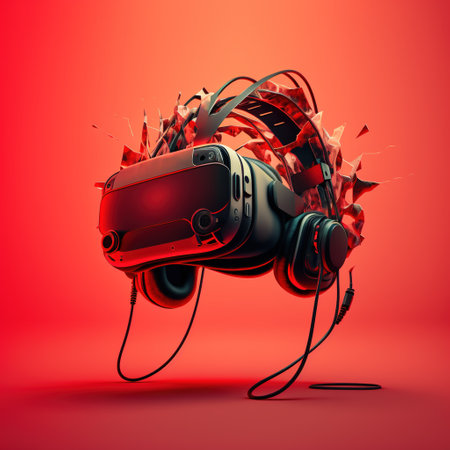 Vr headset with attached bone like structure, on orange, created using generative ai technology. Virtual reality, digital interface and headset technology concept digitally generated image.の素材