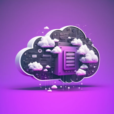 Digital purple cloud with computer circuit board, created using generative ai technology. Cloud computing and data processing concept digitally generated image.の素材