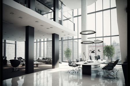 Modern office interior with desks, computers and window created using generative ai technology. Office interior and business concept digitally generated image.の素材