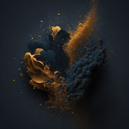 Magnified particles in air during explosion of yellow powder created using generative ai technology. Energy and suspension of microscopic particles moving in air concept.の素材