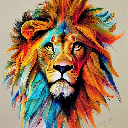Image of on colorful lion head on beige background. Abstract background, design, colour and pattern concept.の素材