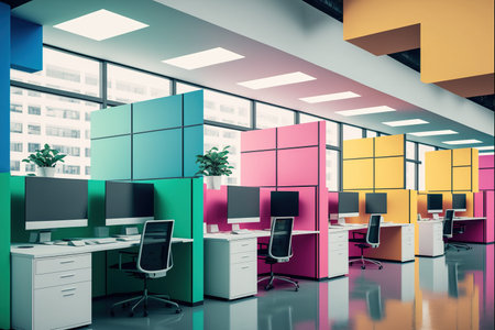 Modern office interior with desks, computers and window created using generative ai technology. Office interior and business concept digitally generated image.の素材