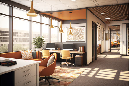 Modern office interior with desks, computers and window created using generative ai technology. Office interior and business concept digitally generated image.の素材