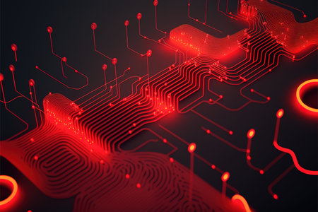Image of red 3d computer circuit board and red light trails on dark background. Computing and data processing concept created using generative ai technology.の素材