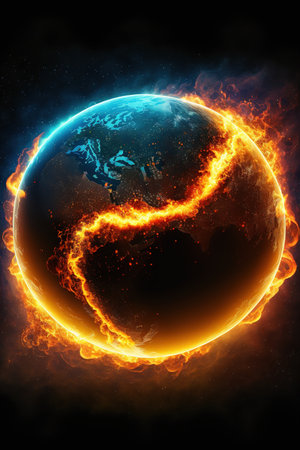 Composition of burning and smoking globe on black background created using generative ai technology. Global warming and ecology concept, digitally generated image.の素材