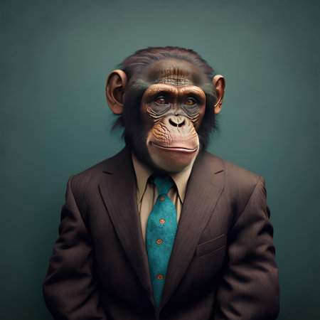 Portrait of ape with suit and blue tie on gray background, created using generative ai technology. Nature and style concept, digitally generated image.の素材