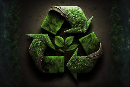 Recycling symbol with plants and leaves on brown background, created using generative ai technology. Recycling and ecology concept digitally generated image.の素材