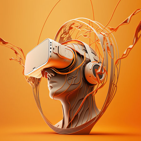Human model with vr headset on orange background, created using generative ai technology. Cyber technology and futuristic virtual reality headset concept digitally generated image.の素材