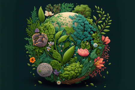 Globe with flowers overgrowing on black background, created using generative ai technology. Earth day and ecology concept digitally generated image.の素材