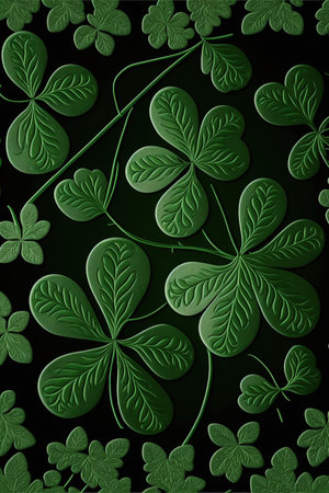 Patterned green shamrocks on dark background, created using generative ai technology. St patricks day, irish tradition and celebration concept digitally generated image.の素材