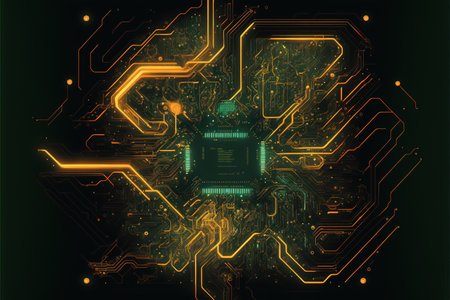Image of computer circuit board and yellow light trails on dark background. Computing and data processing concept created using generative ai technology.の素材
