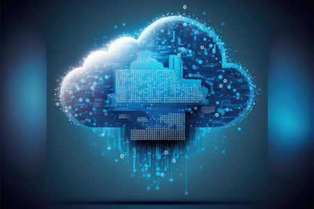 Digital blue cloud with computer circuit board, created using generative ai technology. Cloud computing and data processing concept digitally generated image.の素材