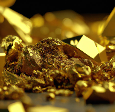 Image of close up of gold particles background with copy space. Glitter, gold, make up, colour and glamour concept.の素材