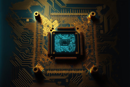 Computer processor on black background, created using generative ai technology. Computer microchip technology and digital information concept digitally generated image.の素材