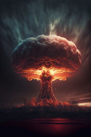 Image of landscape with nuclear explosion created using generative ai technology. Nuclear weapon, explosion and radiation concept, digitally generated image.の素材