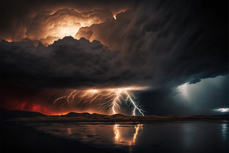 Landscape with storm, sky, clouds, lightning and lake created using generative ai technology. Weather, landscape and nature concept, digitally generated image.の素材