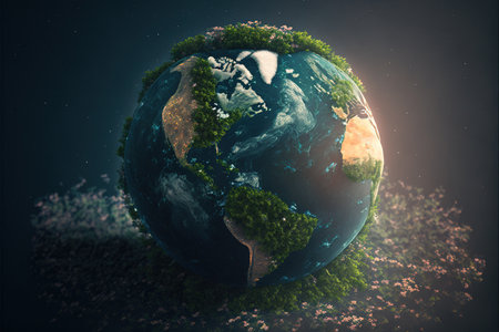 Globe and plants on flower garden on black background, created using generative ai technology. Earth day and ecology concept digitally generated image.の素材