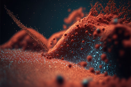 Magnified orange liquid particles floating in the air created using generative ai technology. Energy and suspension of microscopic particles moving in air concept.の素材