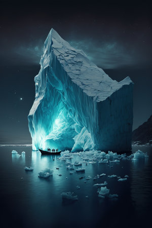 Boat with people and iceberg reflected in sea over night sky, created using generative ai technology. Nature and icebergs concept digitally generated image.の素材