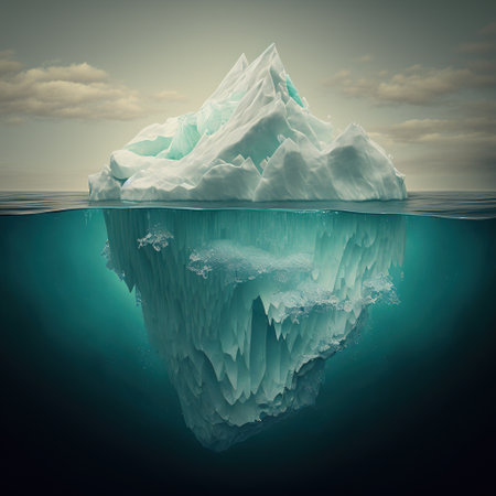 Composition of iceberg seen underwater in sea over blue sky, created using generative ai technology. Nature and icebergs concept digitally generated image.の素材