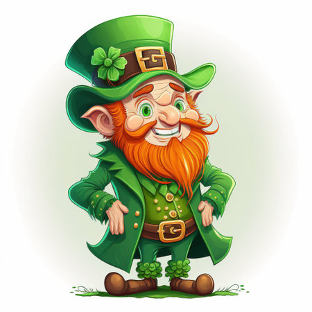 Smiling happy leprechaun in green hat on white background, created using generative ai technology. St patricks day and celebration concept digitally generated image.の素材