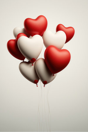 Multiple red and white heart balloons on white background, created using generative ai technology. Valentines day and celebration concept digitally generated image.の素材