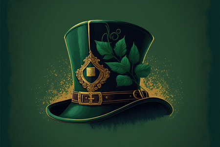 Green hat of leprechaun with gold on green background, created using generative ai technology. St patricks day and celebration concept digitally generated image.の素材